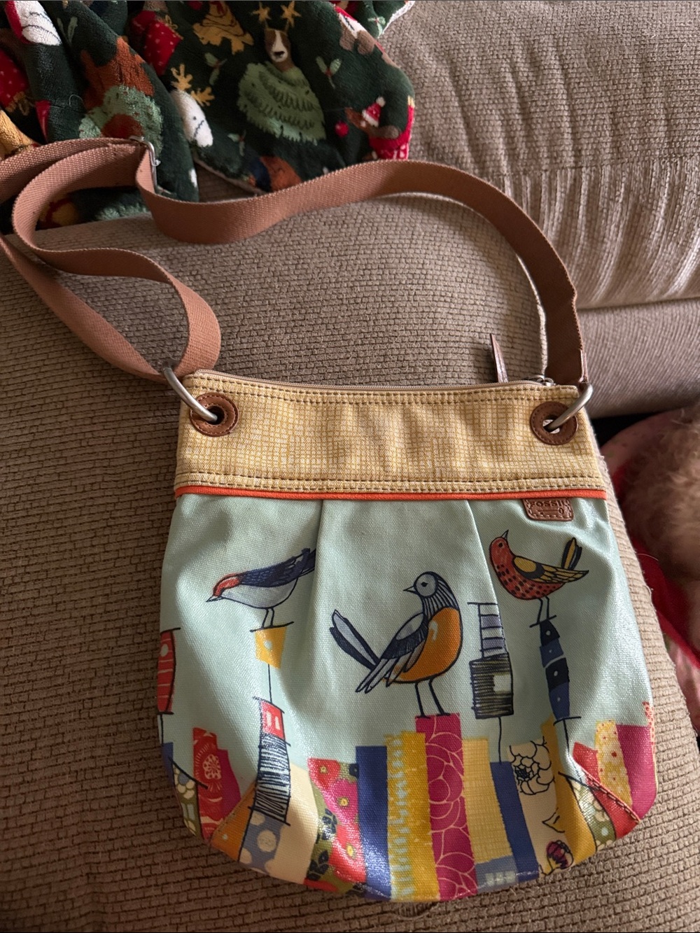 Fossil Mint Crossbody Bag with Multi Bird Print and Tan Strap